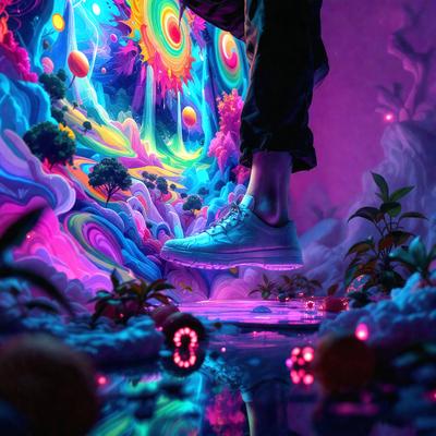 The primary subject of the image is a person wearing white shoes, standing on a purple surface. The setting appears to be a colorful, artistic environment, possibly a painting or a digital artwork. The visual style suggests that the image is a combination of photo and digital art, creating a unique and vibrant atmosphere. The dominant colors in the image are purple and pink, which contribute to the overall mood of the scene.
